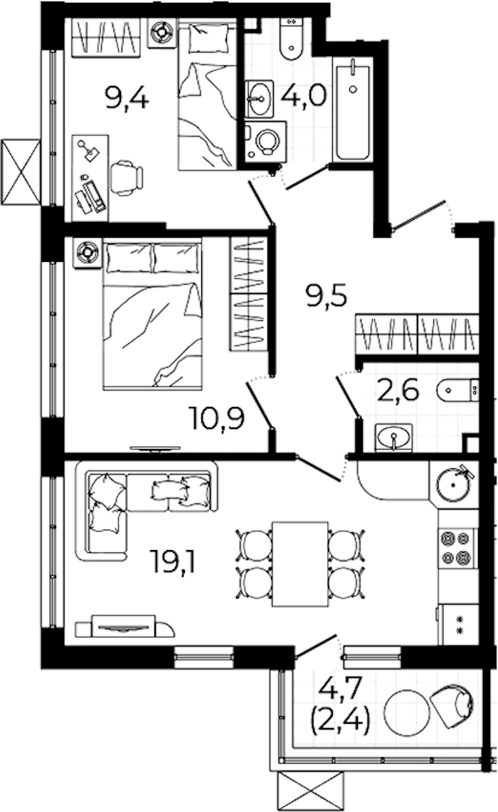 2-комнатная квартира 57.9 м², 2/12 эт., ЖК «А101 Всеволожск»
